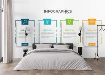 Thin line process business infographic with square template. Vector illustration. Process timeline with 4 options, steps or sections. Wall mural