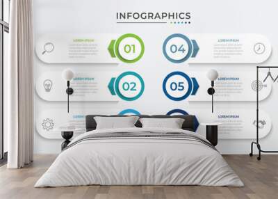 Timeline infographic template design with arrows and circles. Business concept with 6 options, steps, sections. Wall mural