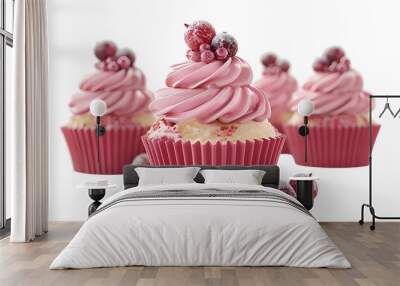 Collection of Pink cupcakes with raspberry frosting. Isolated on transparent background. Wall mural