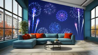 Bright Violet And Blue Vector Fireworks In The Night Sky. Wall mural