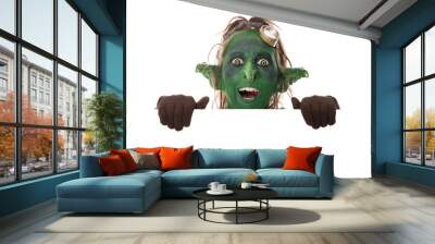 lustiger lachender Goblin schaut über Fläche mit Textfreiraum Wall mural