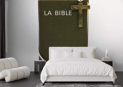 French bible and Christian cross on a white background Wall mural