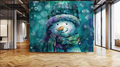 Adorable Snowman in Bokeh Lights Wall mural