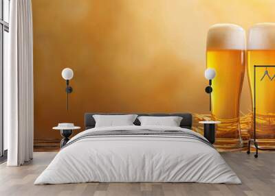 Refreshing Beer Glasses & Wheat on Wooden Surface Wall mural