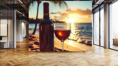 Relaxing evening with wine bottle and glasses on the shore Wall mural