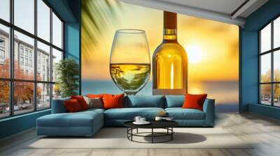 Sunset view with wine bottle and glasses on the beach Wall mural