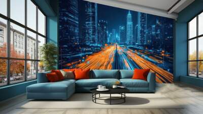 Urban skyline and bustling streets below Wall mural