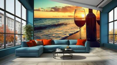 Wine bottle and glasses with sunset and palm tree Wall mural