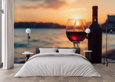 Wine Bottle and Two Glasses on Seashore Wall mural