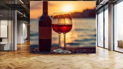 Wine Bottle and Two Glasses on Seashore Wall mural