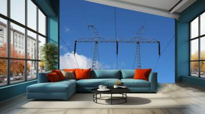 single overhead power line on blue cloudy sky Wall mural