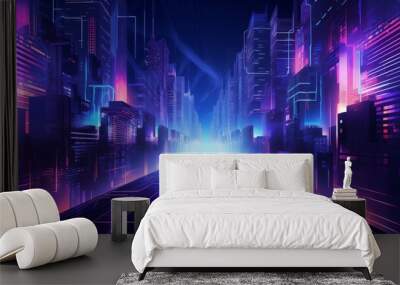 Futuristic Cyberpunk Cityscape with Neon Lights and Digital Architecture. Wall mural