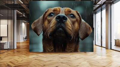 Serene Dog Portrait with Rain Drops and Pensive Look Wall mural