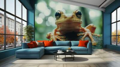 Vibrant Frog Sitting on Moss in a Tropical Forest Environment Wall mural