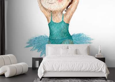 cute ballerina girl in turquoise watercolor dress Wall mural