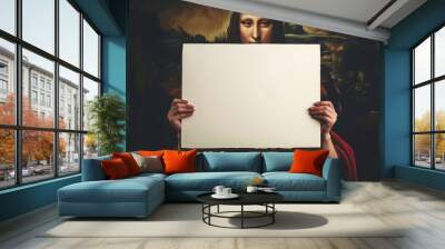 an abstract realistic painting of the Mona Lisa holding a blank sign or a placard, wide banner, header Wall mural