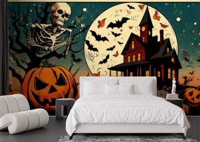  Haunted house scene with skeleton, pumpkins, and bats in front of a full moon Wall mural