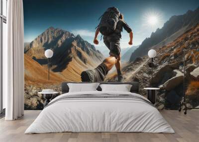  hiker with backpack walking outdoors in mountain Wall mural