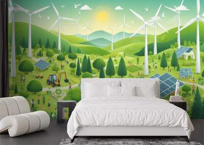 A colorful illustration of a green energy landscape with wind turbines, solar panels, and people engaging in environmental activities in a lush, green environment Wall mural