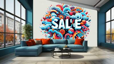 A vibrant, artistic sale sign with swirling abstract shapes and colorful elements, designed to catch attention. The playful and dynamic design evokes a cheerful shopping mood Wall mural