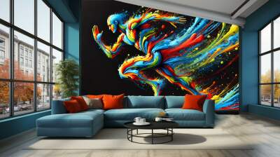 Abstract running figure composed of dynamic paint splashes, showcasing motion and energy, with vibrant colors against a black background Wall mural