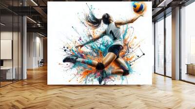 Abstract silhouette of a volleyball player woman in watercolor Wall mural