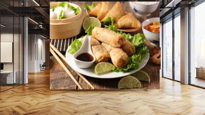 assorted of asian food- spring roll, noodles soup, dim sum Wall mural