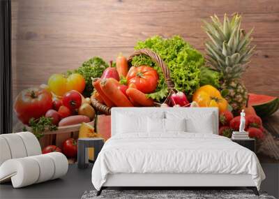 assorted of fruit and vegetable on wood background Wall mural