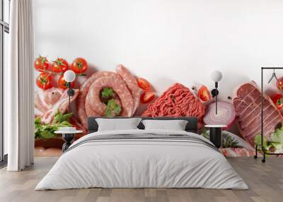 assorted of meats on white background Wall mural