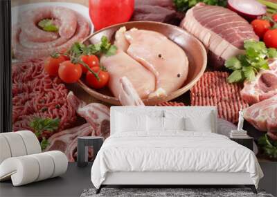 assorted of raw meats- chicken, beef, sausage, lamb Wall mural