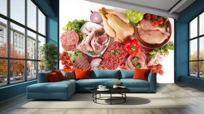 assorted of raw meats on white background Wall mural