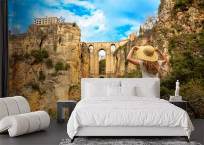 beautiful city of Ronda and woman tourist Wall mural