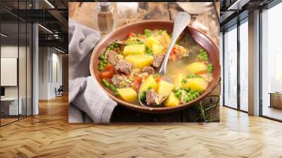 beef, vegetable and broth- traditional beef soup with carrot and potato Wall mural