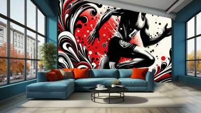 Black and white runner silhouette with dynamic abstract patterns in red and black tones Wall mural