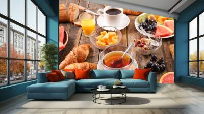 breakfast- tea,  coffee,  fruit and bread Wall mural