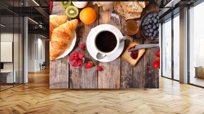 breakfast with coffee,croissant and fruits Wall mural