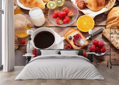 breakfast with coffee cup,bread, croissant and fruit Wall mural