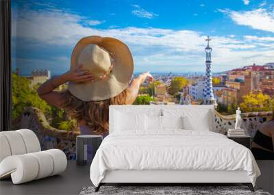 Caucasian woman visiting Barcelona city- Spain Wall mural