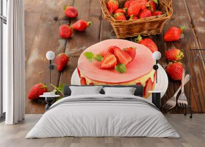 French strawberry cake Fraisier on wood background Wall mural