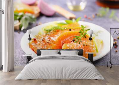 fresh salmon fillet on plate Wall mural