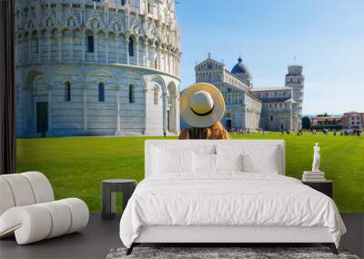 Happy traveler female in Italy, enjoying view of Pisa tower- Tour de pise Wall mural