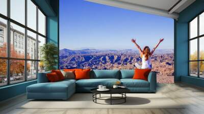 Happy woman sitting with open arms enjoying panoramic view of landscape, desert, canyon- adventure,hiking concept Wall mural