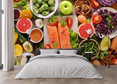 health food selection- salmon, avocado, fruit, nuts Wall mural