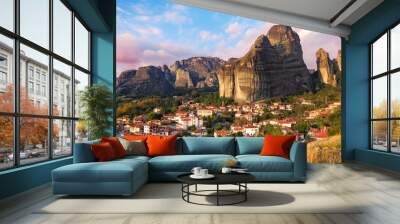 Mountain scenery with Meteora rock and monastery-Travel, tour tourism in Greece Wall mural