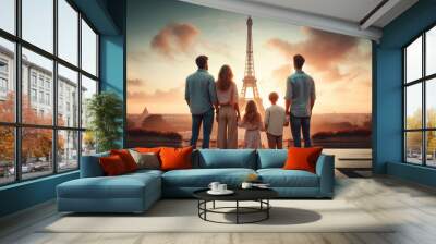 rear view of people enjoying sunset at tower Eiffel in Paris Wall mural