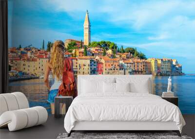 Young female tourist traveling in Europe- Croatia,  rovinj city and adriatic sea- Istria Wall mural