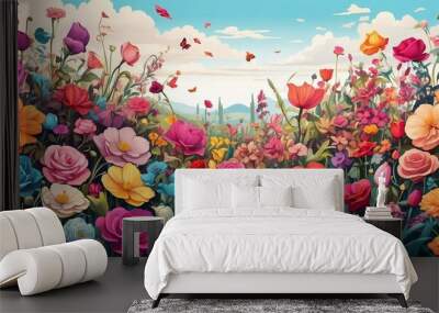 illustration of a beautiful colorful flower garden with a clear sky made by AI generative Wall mural