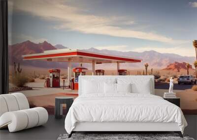 photo of a view of a gas station in the middle of the desert, made by AI generative Wall mural