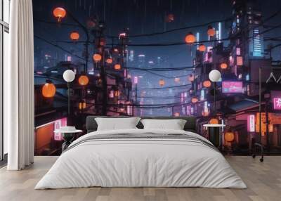 photo of future asian urban landscape with lots of wires and colorful lights made by AI generative Wall mural