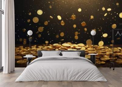 photo of rain and piles of sparkling gold coins made by AI generative Wall mural